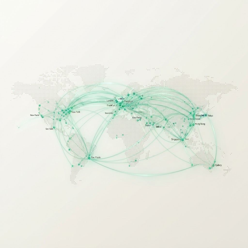 A stylized world map with glowing arcs connecting investors and founders across continents