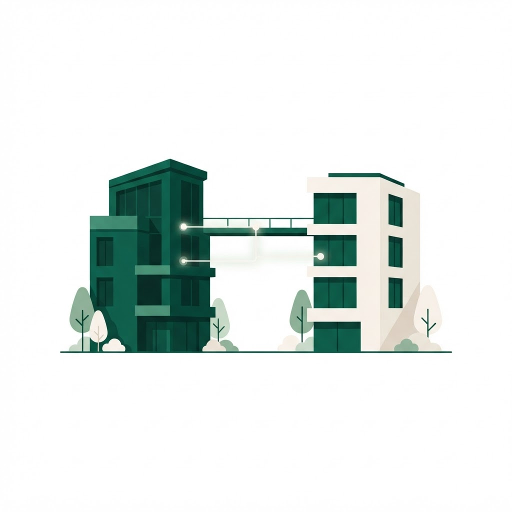 Flat illustration of two buildings connected by a bridge, symbolizing investor matching